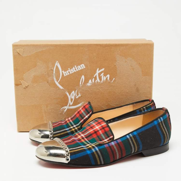 مملوكة مسبقًا Christian Louboutin Multicolor Fabric Rollergirl Chain-Link Smoking Slippers Size 38.5