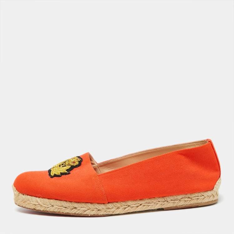 Pre Owned Christian Louboutin Orange Canvas Gala Embroidered Crest Flat Espadrilles Size 40