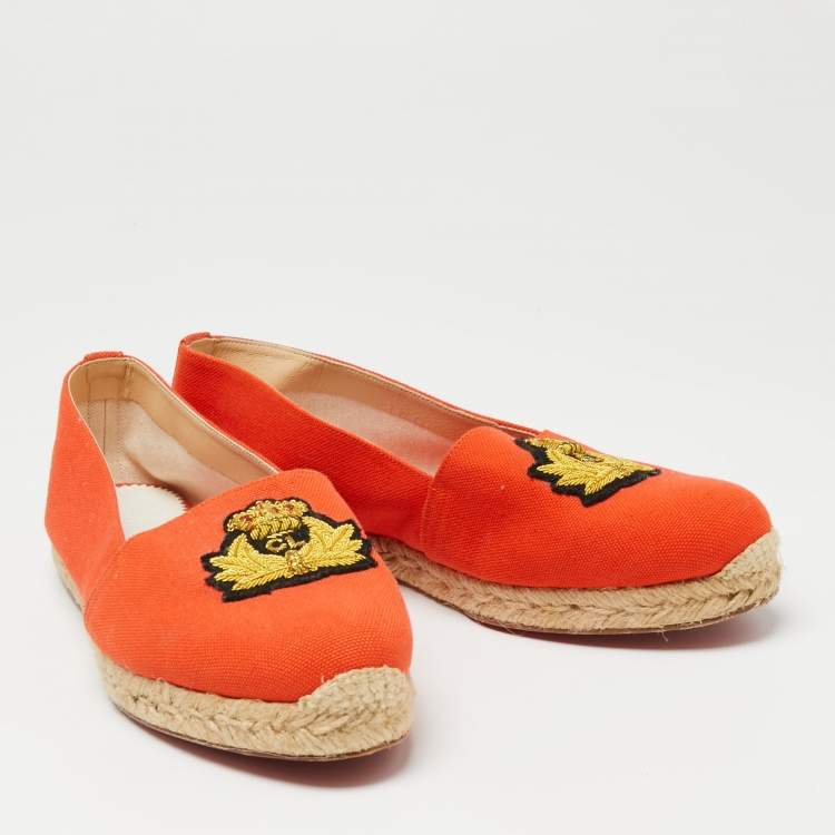 Pre Owned Christian Louboutin Orange Canvas Gala Embroidered Crest Flat Espadrilles Size 40