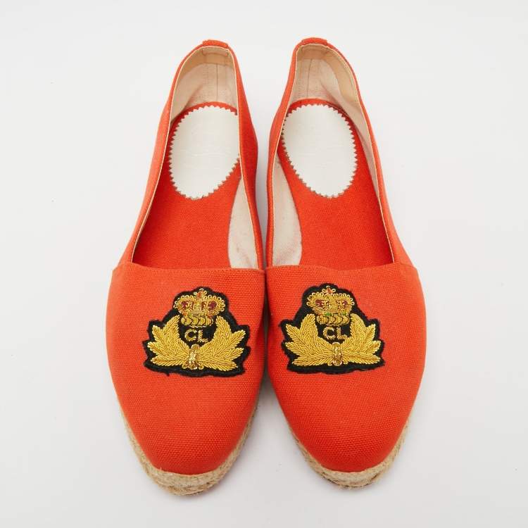 Pre Owned Christian Louboutin Orange Canvas Gala Embroidered Crest Flat Espadrilles Size 40