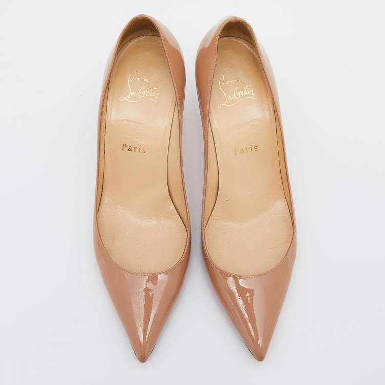 Pre Owned Christian Louboutin Beige Patent Leather Pigalle Pointed Toe Pumps Size 37.5