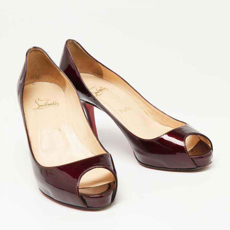 Pre Owned Christian Louboutin Burgundy Patent Leather Matar Claude Peep-Toe Pumps Size 37