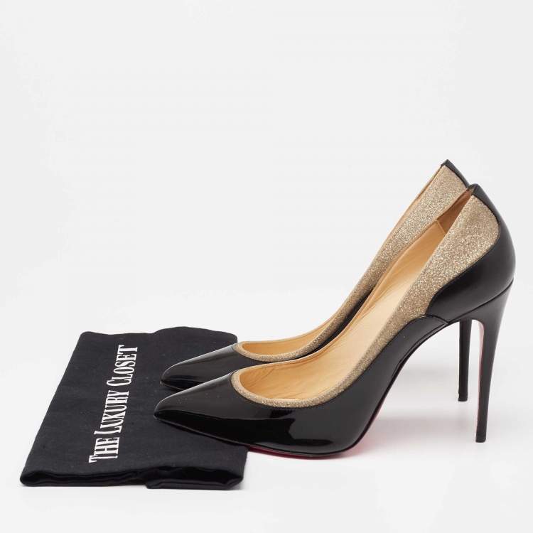 Pre Owned Christian Louboutin Black/Gold Leather and Glitter Pigalle Pumps Size 41