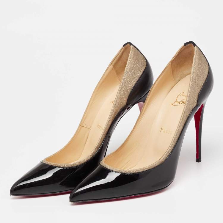 Pre Owned Christian Louboutin Black/Gold Leather and Glitter Pigalle Pumps Size 41