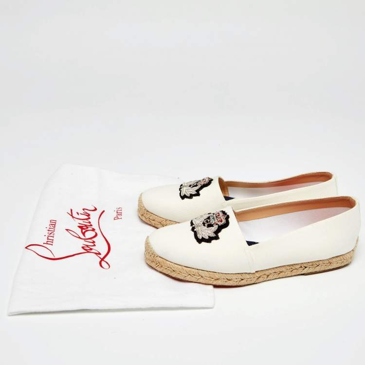 Pre Owned Christian Louboutin White Canvas Gala Embroidered Espadrille Flats Size 38