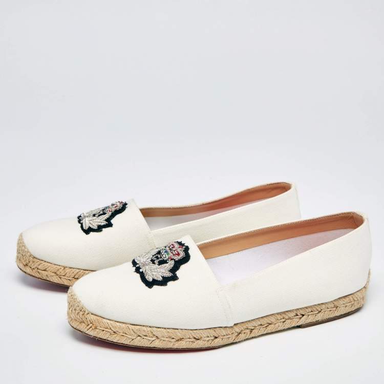 Pre Owned Christian Louboutin White Canvas Gala Embroidered Espadrille Flats Size 38