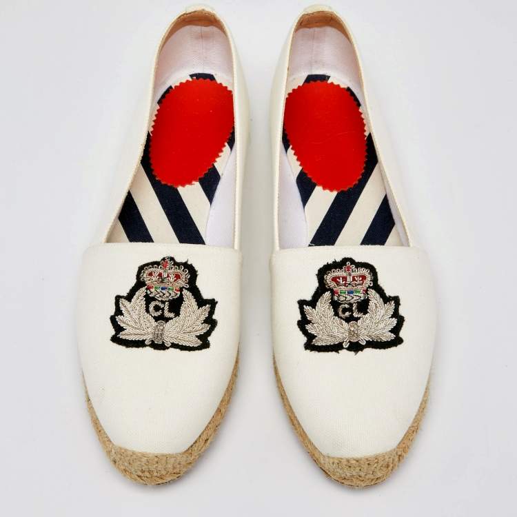 Pre Owned Christian Louboutin White Canvas Gala Embroidered Espadrille Flats Size 38