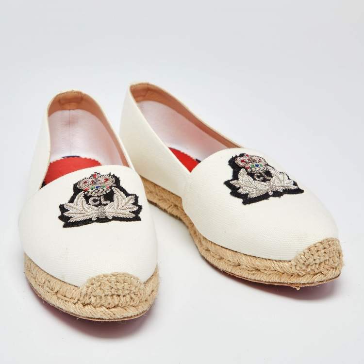 Pre Owned Christian Louboutin White Canvas Gala Embroidered Espadrille Flats Size 38