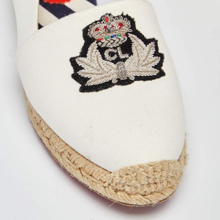 Pre Owned Christian Louboutin White Canvas Gala Embroidered Espadrille Flats Size 38