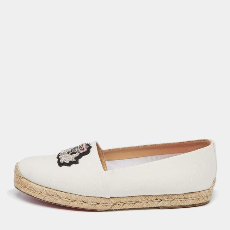 Pre Owned Christian Louboutin White Canvas Gala Embroidered Espadrille Flats Size 38