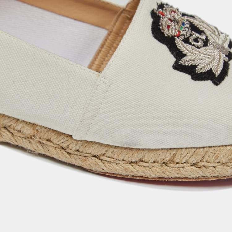 Pre Owned Christian Louboutin White Canvas Gala Embroidered Espadrille Flats Size 38