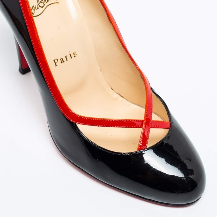 Pre Owned Christian Louboutin Black/Red Patent Leather Cross Ronda Pumps Size 39.5