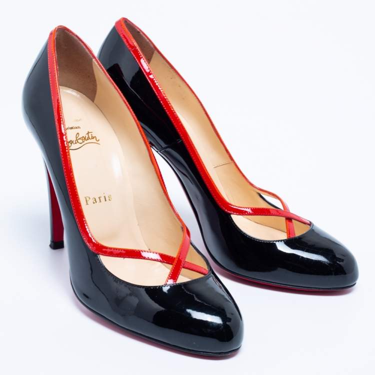 Pre Owned Christian Louboutin Black/Red Patent Leather Cross Ronda Pumps Size 39.5