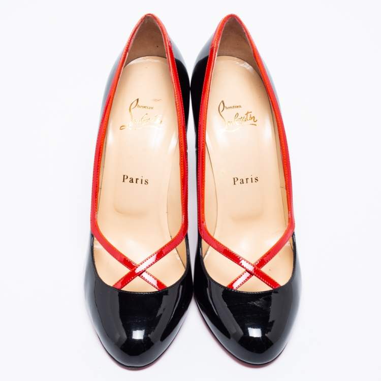 Pre Owned Christian Louboutin Black/Red Patent Leather Cross Ronda Pumps Size 39.5