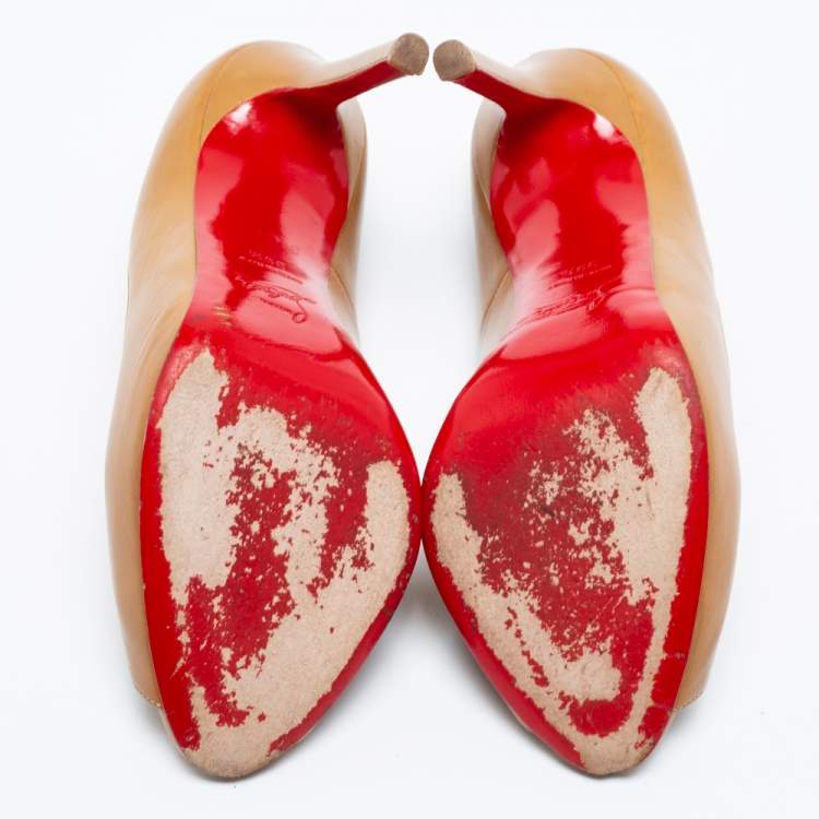 Pre Owned Christian Louboutin Tan Leather Flo Peep-Toe Pumps Size 39.5