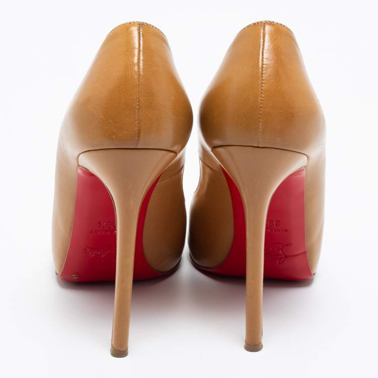 Pre Owned Christian Louboutin Tan Leather Flo Peep-Toe Pumps Size 39.5