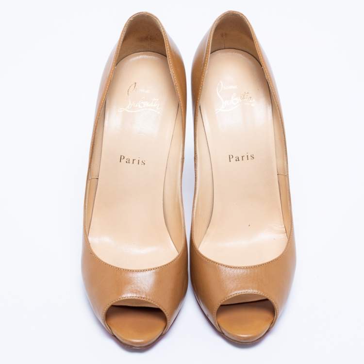 Pre Owned Christian Louboutin Tan Leather Flo Peep-Toe Pumps Size 39.5