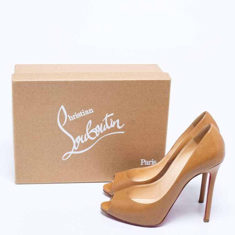 Pre Owned Christian Louboutin Tan Leather Flo Peep-Toe Pumps Size 39.5