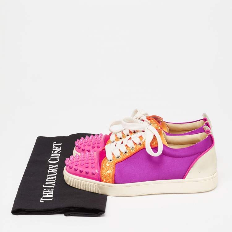 مملوكة مسبقًا Christian Louboutin Multicolor Satin And Leather Suede Studded Low Top Sneakers Size 36
