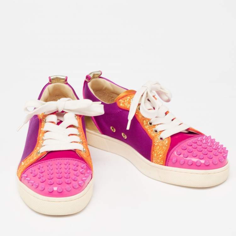 مملوكة مسبقًا Christian Louboutin Multicolor Satin And Leather Suede Studded Low Top Sneakers Size 36