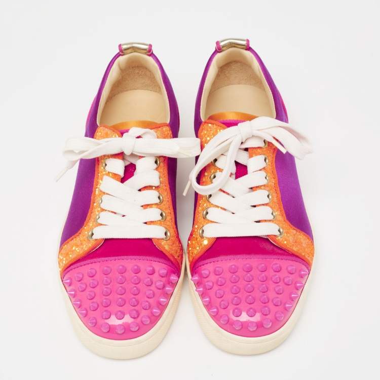 مملوكة مسبقًا Christian Louboutin Multicolor Satin And Leather Suede Studded Low Top Sneakers Size 36