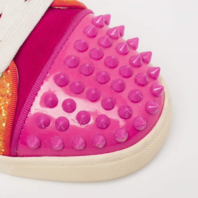 مملوكة مسبقًا Christian Louboutin Multicolor Satin And Leather Suede Studded Low Top Sneakers Size 36