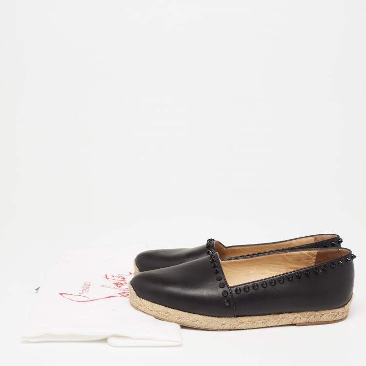Pre Owned Christian Louboutin Black Leather Melides Spike Trim Flat Espadrilles Size 38