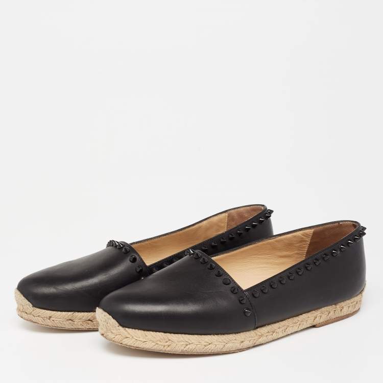 Pre Owned Christian Louboutin Black Leather Melides Spike Trim Flat Espadrilles Size 38