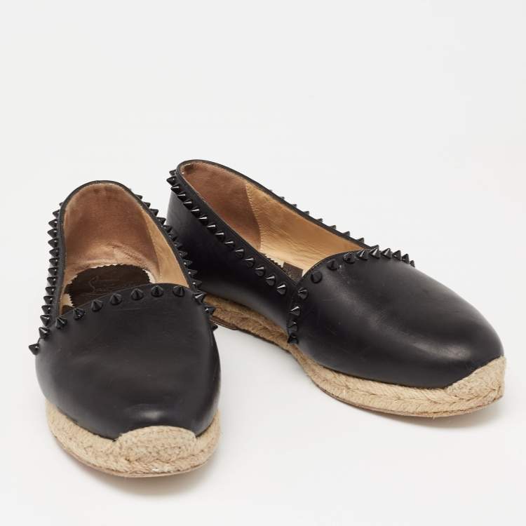 Pre Owned Christian Louboutin Black Leather Melides Spike Trim Flat Espadrilles Size 38