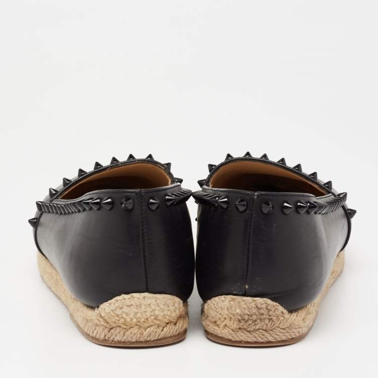 Pre Owned Christian Louboutin Black Leather Melides Spike Trim Flat Espadrilles Size 38