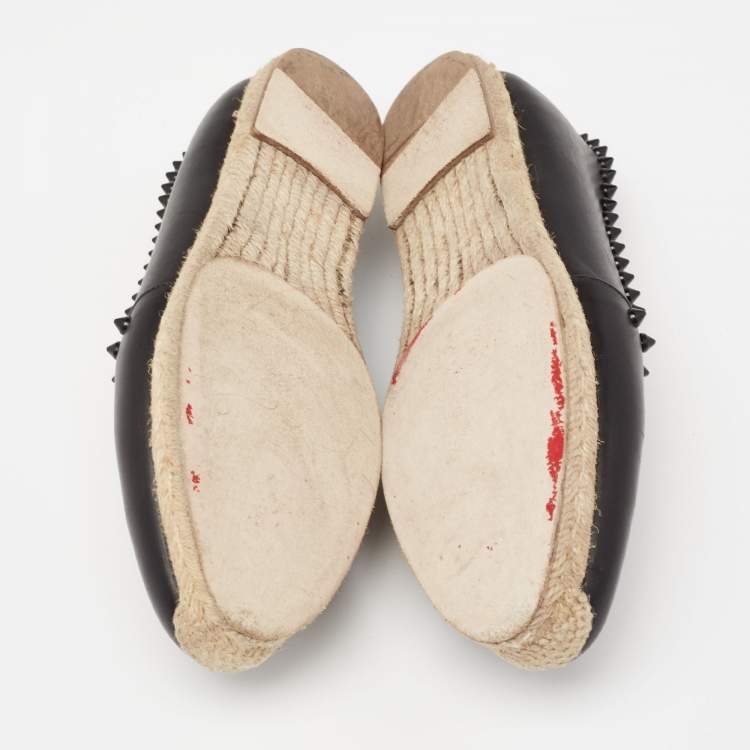 Pre Owned Christian Louboutin Black Leather Melides Spike Trim Flat Espadrilles Size 38