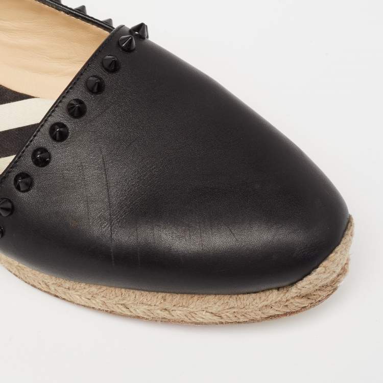 Pre Owned Christian Louboutin Black Leather Melides Spike Trim Flat Espadrilles Size 38