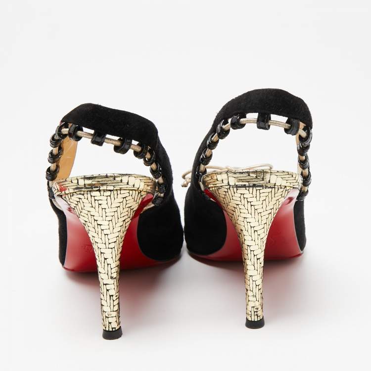 Pre Owned Christian Louboutin Black Suede Whipstitch Pointed Toe Slingback Sandals Size 39