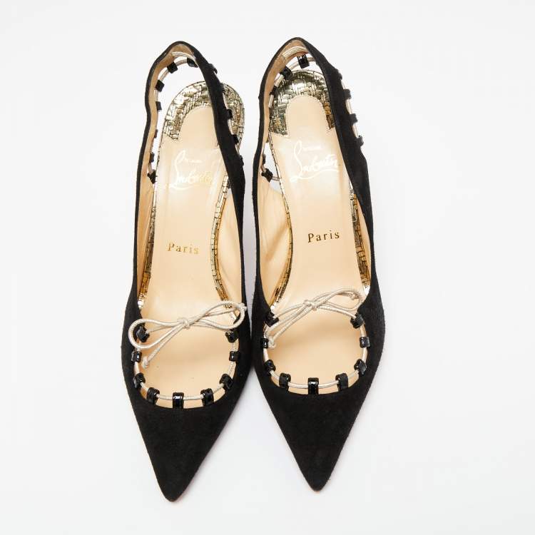 Pre Owned Christian Louboutin Black Suede Whipstitch Pointed Toe Slingback Sandals Size 39