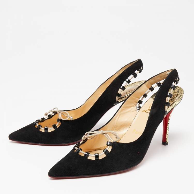 Pre Owned Christian Louboutin Black Suede Whipstitch Pointed Toe Slingback Sandals Size 39