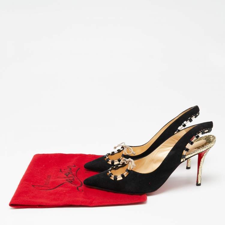 Pre Owned Christian Louboutin Black Suede Whipstitch Pointed Toe Slingback Sandals Size 39