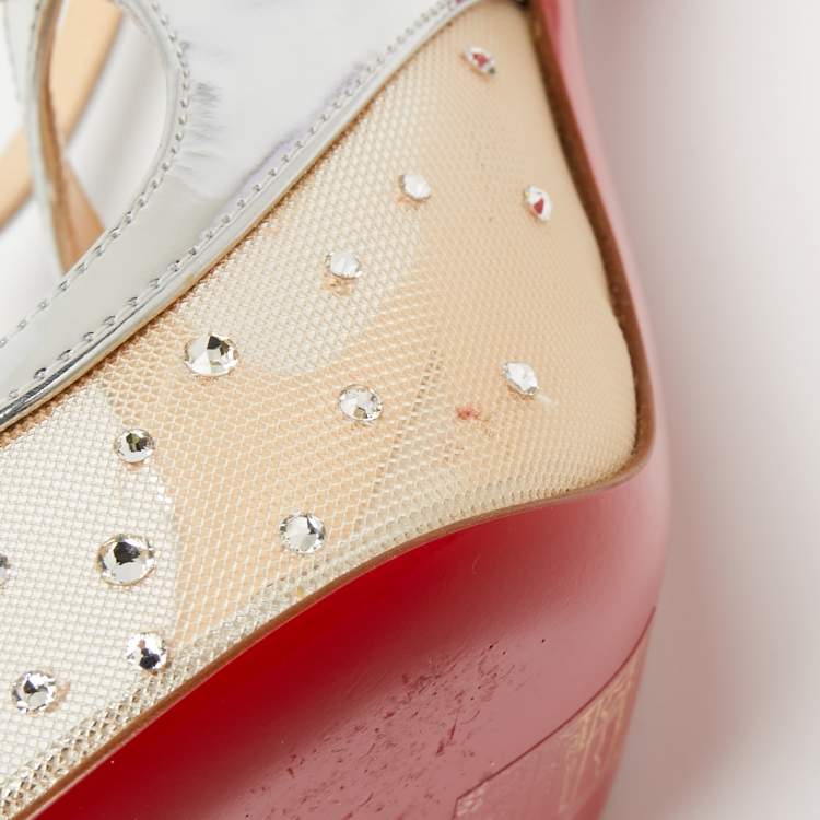 Pre Owned Christian Louboutin Metallic Silver Mesh And Patent Leather Twistissima Strass Sandals Size 36