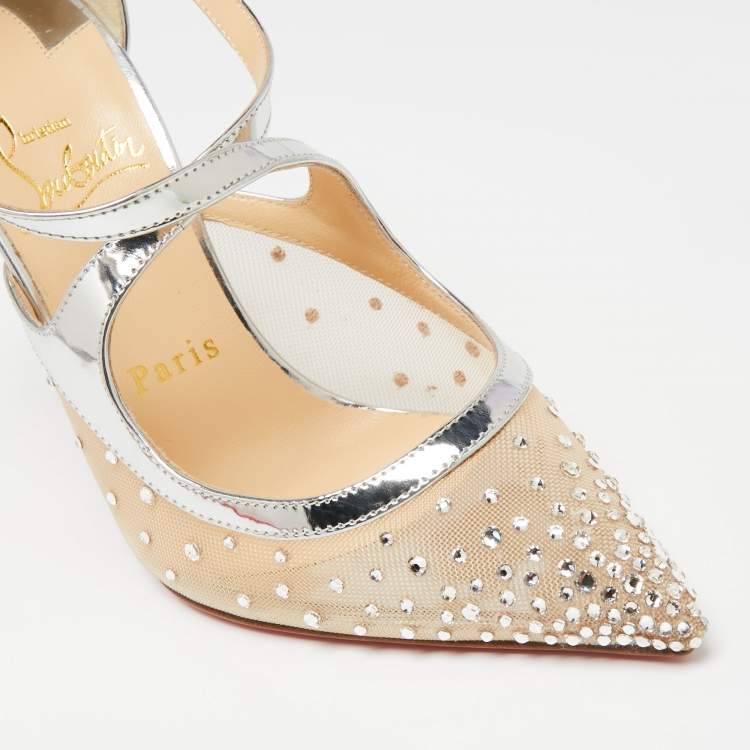 Pre Owned Christian Louboutin Metallic Silver Mesh And Patent Leather Twistissima Strass Sandals Size 36