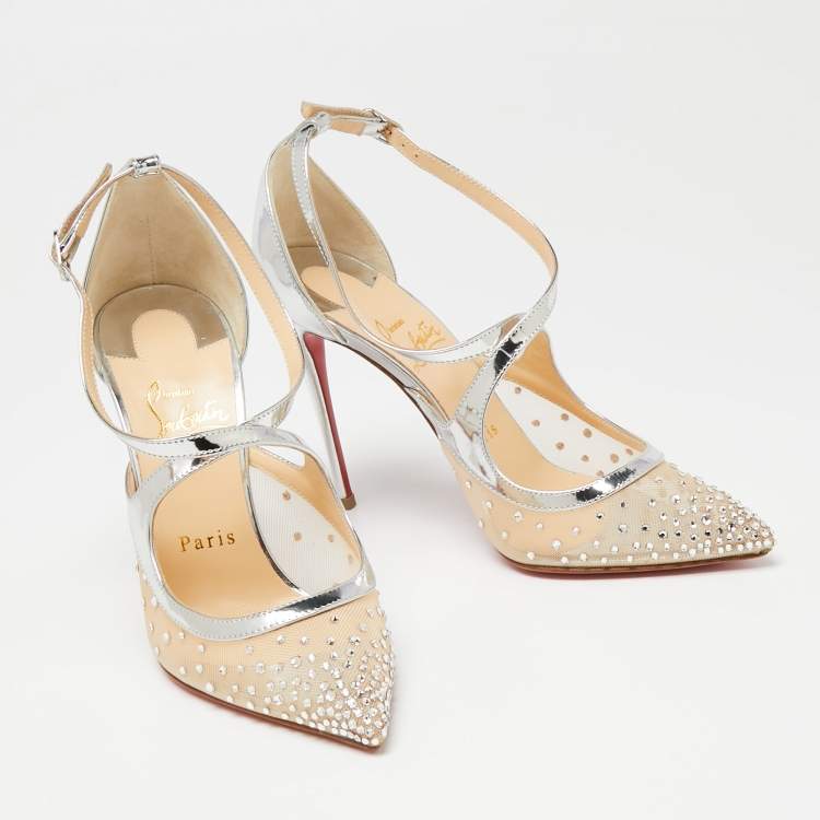Pre Owned Christian Louboutin Metallic Silver Mesh And Patent Leather Twistissima Strass Sandals Size 36
