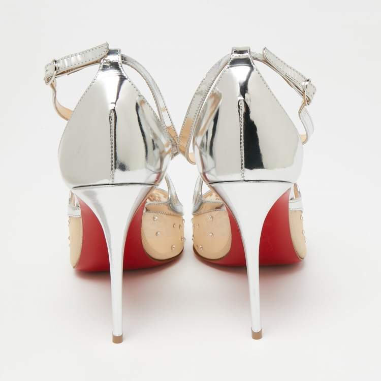 Pre Owned Christian Louboutin Metallic Silver Mesh And Patent Leather Twistissima Strass Sandals Size 36