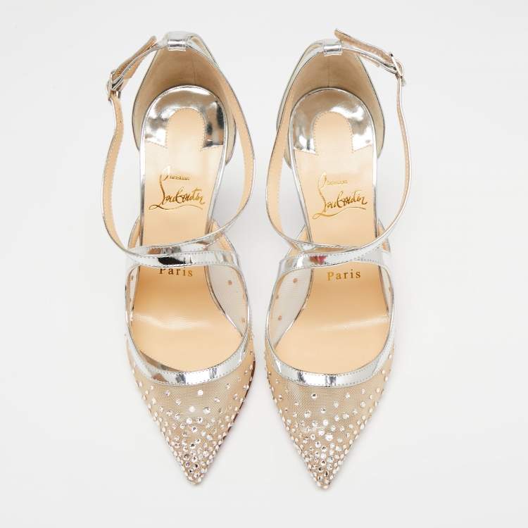 Pre Owned Christian Louboutin Metallic Silver Mesh And Patent Leather Twistissima Strass Sandals Size 36