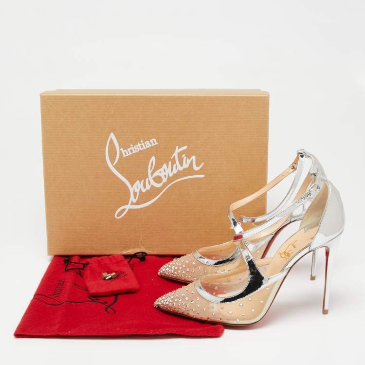 Pre Owned Christian Louboutin Metallic Silver Mesh And Patent Leather Twistissima Strass Sandals Size 36