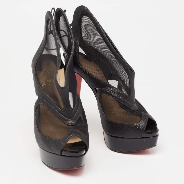 Pre Owned Christian Louboutin Black Glitter and Mesh Farfamesh Ankle Booties Size 36
