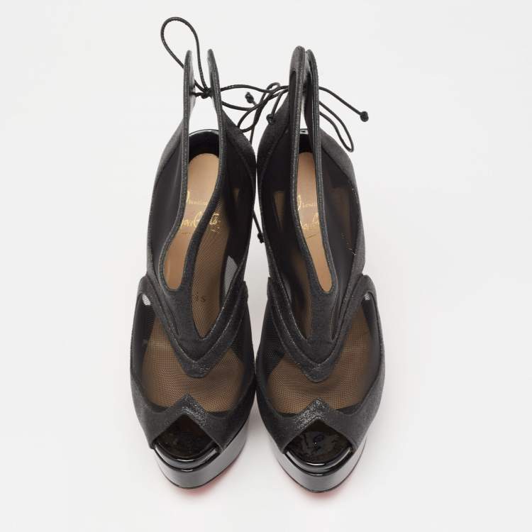 Pre Owned Christian Louboutin Black Glitter and Mesh Farfamesh Ankle Booties Size 36