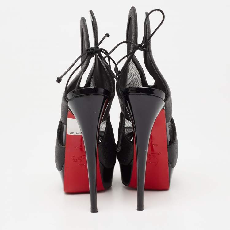 Pre Owned Christian Louboutin Black Glitter and Mesh Farfamesh Ankle Booties Size 36