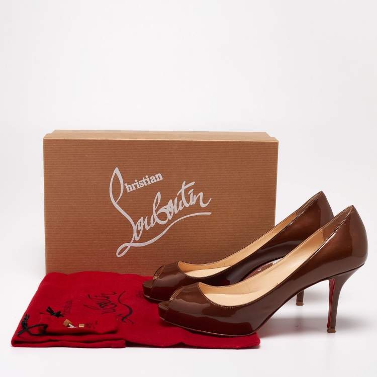 Pre Owned Christian Louboutin Metallic Brown Patent Leather Mater Claude Peep-Toe Pumps Size 36.5