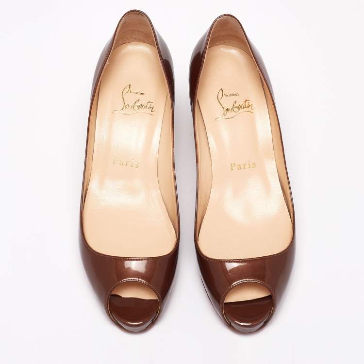 Pre Owned Christian Louboutin Metallic Brown Patent Leather Mater Claude Peep-Toe Pumps Size 36.5