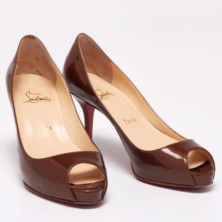 Pre Owned Christian Louboutin Metallic Brown Patent Leather Mater Claude Peep-Toe Pumps Size 36.5