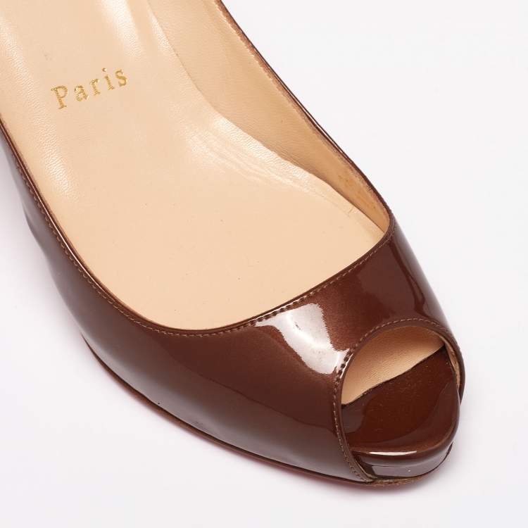 Pre Owned Christian Louboutin Metallic Brown Patent Leather Mater Claude Peep-Toe Pumps Size 36.5