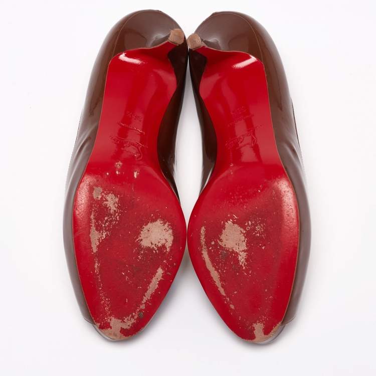Pre Owned Christian Louboutin Metallic Brown Patent Leather Mater Claude Peep-Toe Pumps Size 36.5